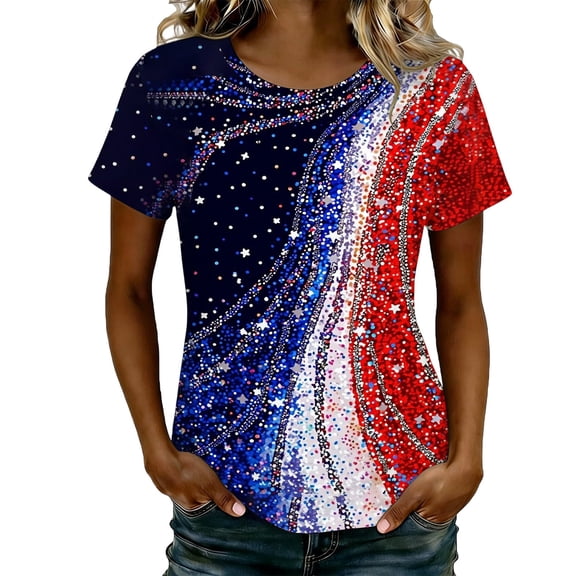 CHENge Women's Glitter Butterfly Rose American Flag Graphic T-Shirt Star Sparkle Print Short Sleeve Crew Neck Patriotic Casual Holiday Top