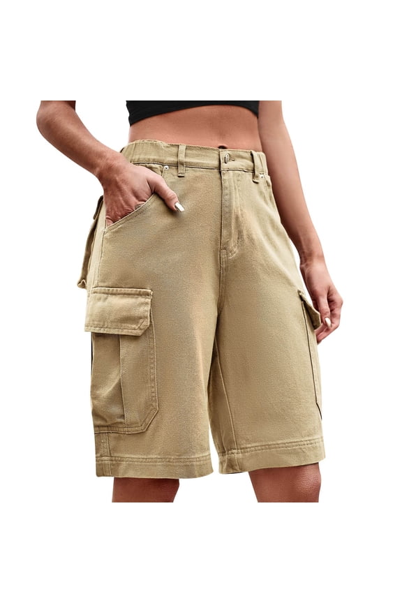 Women's High Waisted Knee Length Denim Shorts Adjustable Waist Shorts Bermuda Long Jean Shorts for Teen Girls