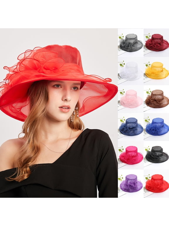 Women's Organza Derby Hat Flower Wide Brim Fascinator Sun Hats for Women Wedding Tea Party Fancy Hat