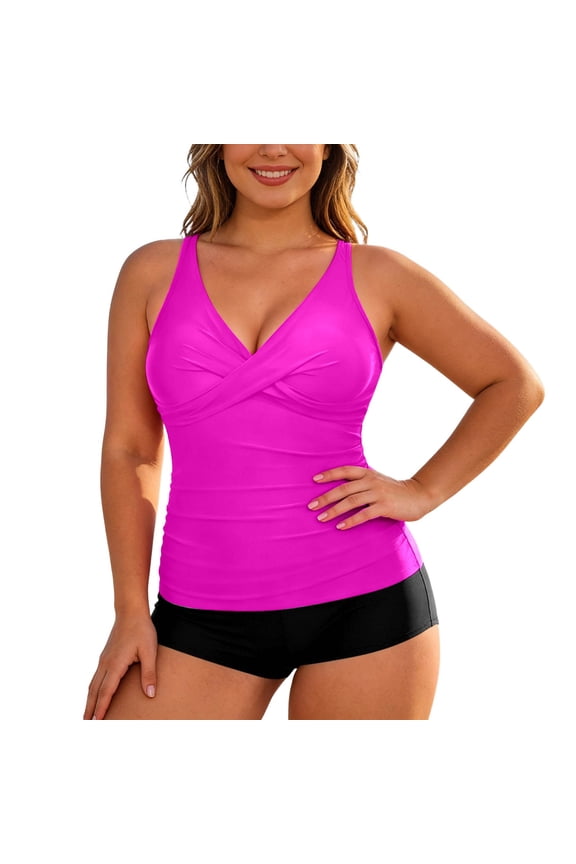 Women's Plus Size Two Piece High Waist Swimsuit, Ruffled Shoulder Ruched Top, Comfort Stretch Bathing Suit for Beach Party and Swimming