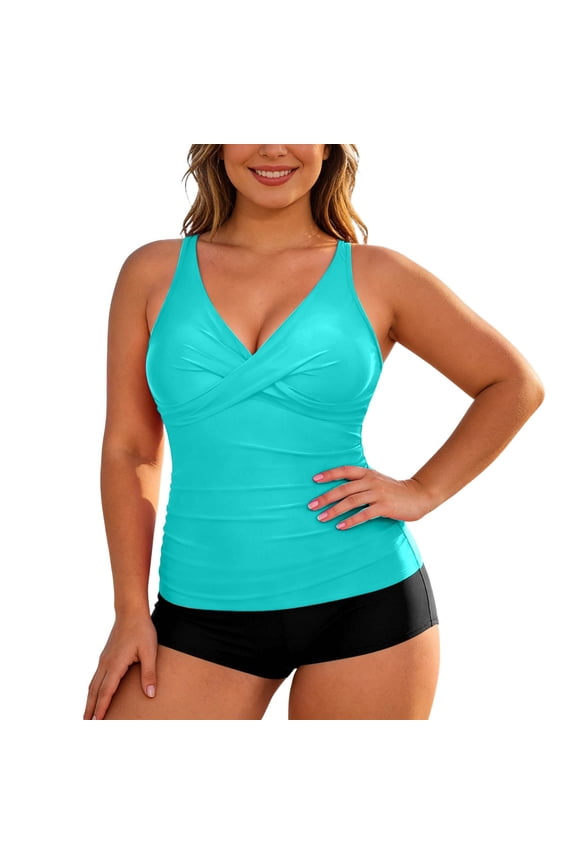 Women's Plus Size Two Piece High Waist Swimsuit, Ruffled Shoulder Ruched Top, Comfort Stretch Bathing Suit for Beach Party and Swimming