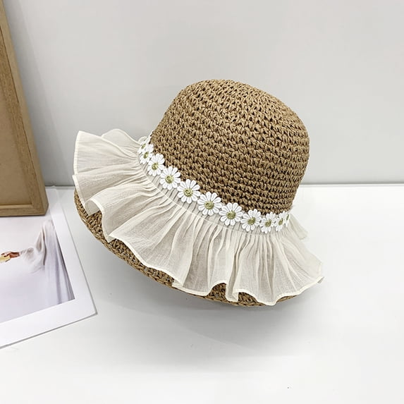CHENge Women's Summer Straw Bucket Hat with Breathable Lace Cutout Design for Sun and Outdoor Travel