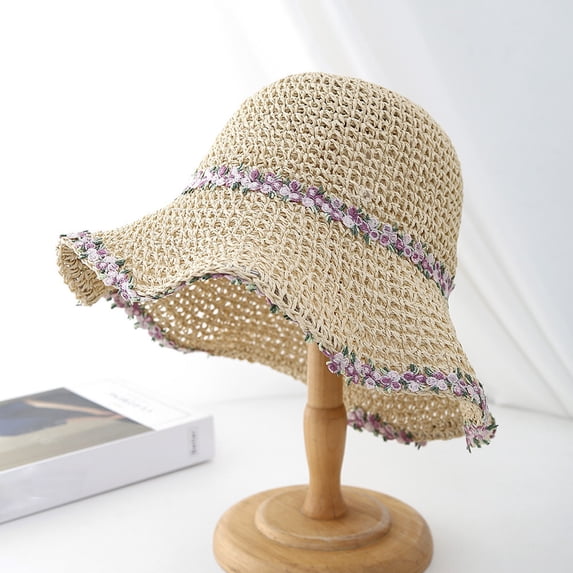 CHENge Women's Summer Straw Bucket Hat with Lace Cutout Design Breathable Wide Brim Sun Hat for Travel and Beach Outings
