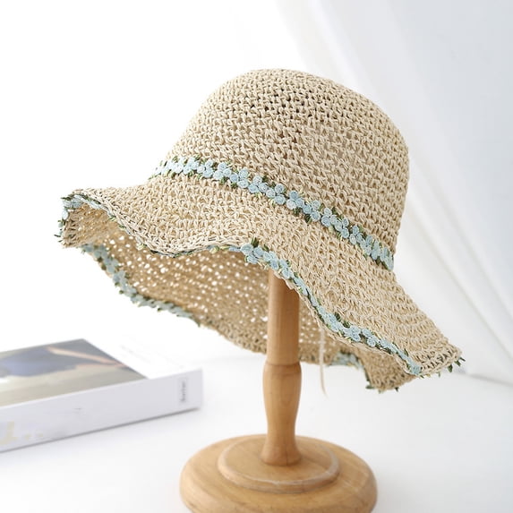 CHENge Women's Summer Straw Bucket Hat with Lace Cutout Design Breathable Wide Brim Sun Hat for Travel and Beach Outings
