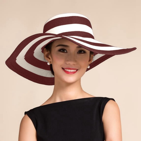 CHENge Women's Summer Wide Brim Straw Sun Hat with Striped Design for Casual Outdoor Beach Wear