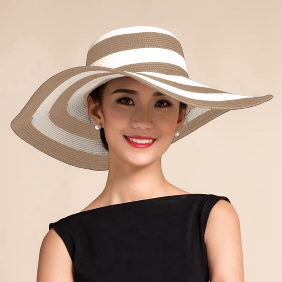 CHENge Women's Summer Wide Brim Straw Sun Hat with Striped Design for Casual Outdoor Beach Wear