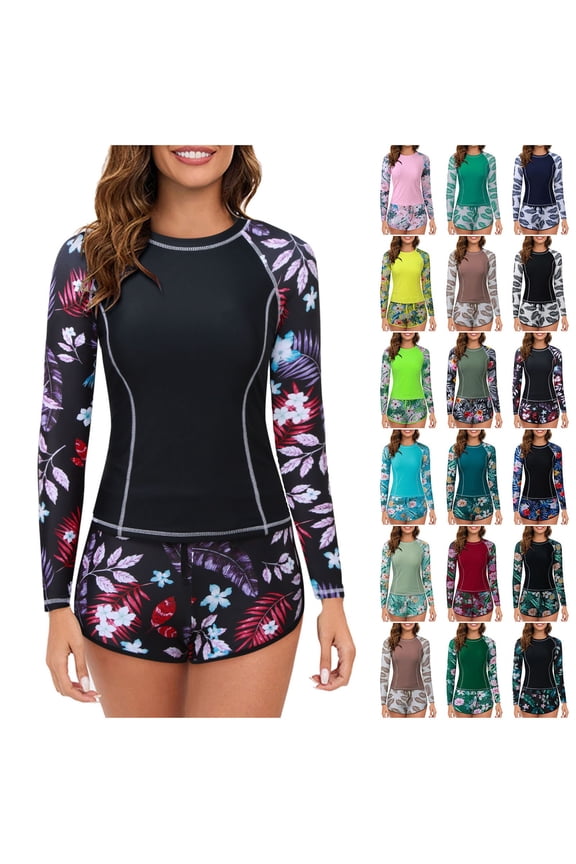 Women's Tropical Print Two-Piece Rash Guard, Long Sleeve Top and Shorts Set, UPF 50+ Swimwear for Surfing and Snorkeling