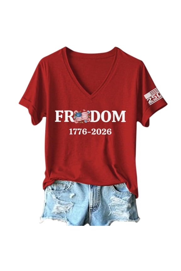 Women's USA 250th Anniversary 1776-2026 Graphic T-Shirt V Neck Short Sleeve 4th Of July Patriotic Casual Tee Tops