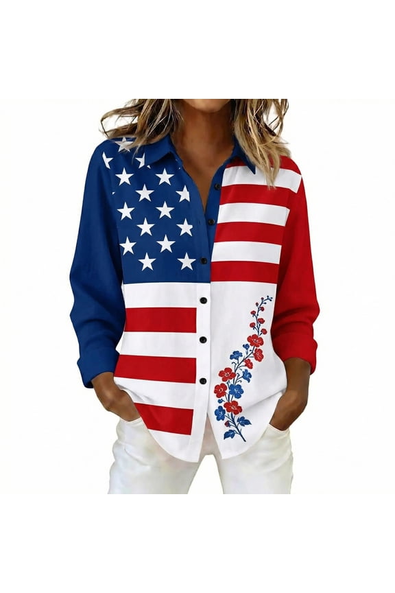 Women’s USA 250th Anniversary Long Sleeve Button Down Shirt 4th Of July Vintage American Flag Floral Print Casual Patriotic Independence Day Lapel Blouse Top