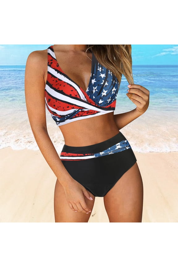 Womens Bikini Set Halter Padded Top & Scrunch Bottom American Flag Swimsuit for Teen Girls Juniors Swimwear