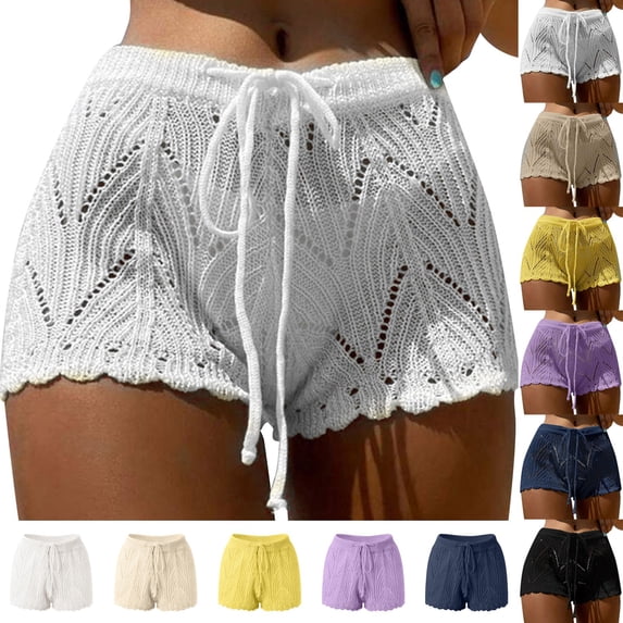CHENge Womens Crochet Cover Up Shorts Hollow Out High Waist Knit Bathing Suit Bikini Swimsuit