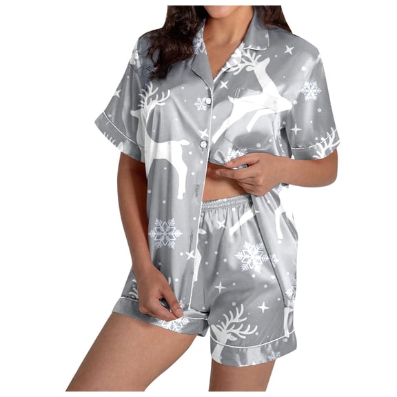 CHENge Womens Pajamas Silk PJS Set Pink Bow Satin Christmas Sleepwear Short Sleeve Jammies for Teen Girls Button-Down Nightwear