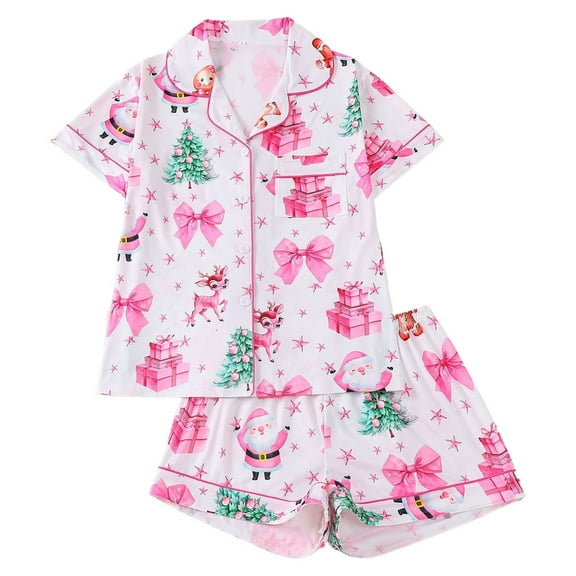 CHENge Womens Pajamas Silk PJS Set Pink Bow Satin Christmas Sleepwear Short Sleeve Jammies for Teen Girls Button-Down Nightwear