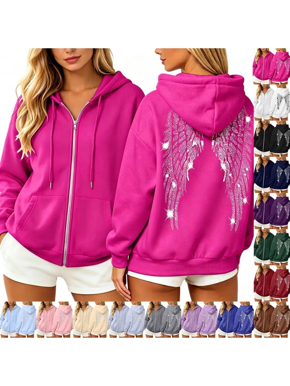 Womens Sequin Angel Wings Back Print Zip Up Hoodies Relaxed Fit Side Pocket Casual Outdoor Concerts Sparkly Trendy Hooded Tops Coffee,S