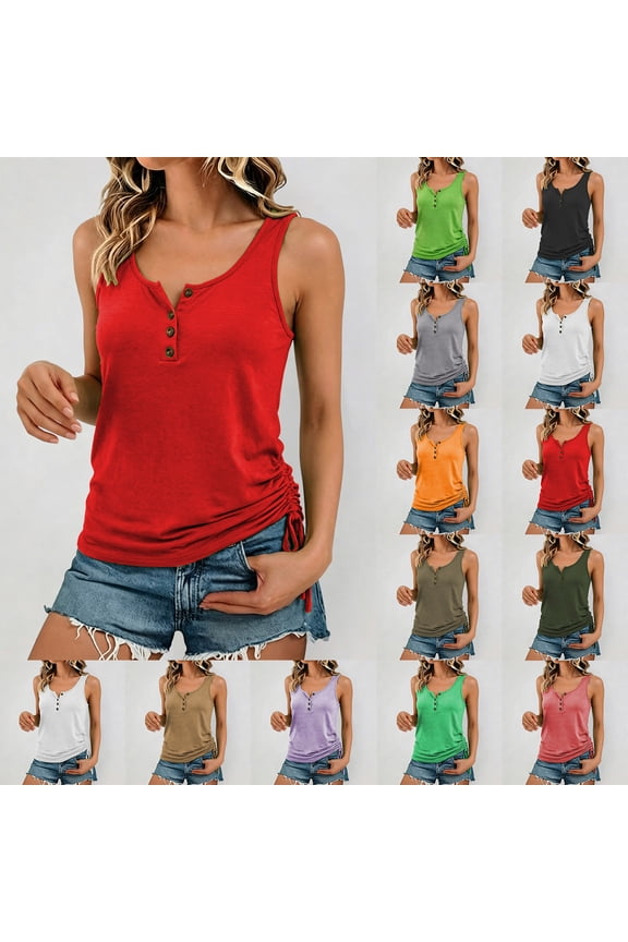 Womens U Neck Henley Tank Tops Summer Sleeveless Side Ruched Drawstring Button Casual Loose Fit Basic Everyday Shirts,XXL