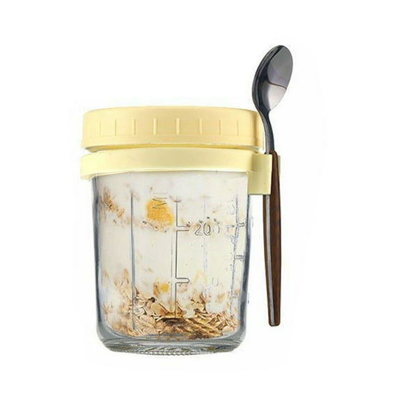 CHENjy 16oz Overnight Oats Jar with Lid & Spoon - BPA Free Glass Meal Prep Container for Cereal, Yogurt, Salad - Includes Measurement Marks