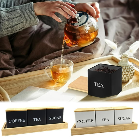 CHENjy 3-Piece Metal Kitchen Canister Set with Bamboo Lids - Square Coffee, Sugar & Tea Storage Containers for Countertop Organization (Black Matte Finish)
