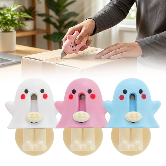 CHENjy 5 Pcs Cute Retractable Box Cutter Set, Cute Office Supplies with Keychain Hook, Pocket Size Art Craft Knife for Japanese Stationery Lovers Letter Opener Envelope Slitter,White