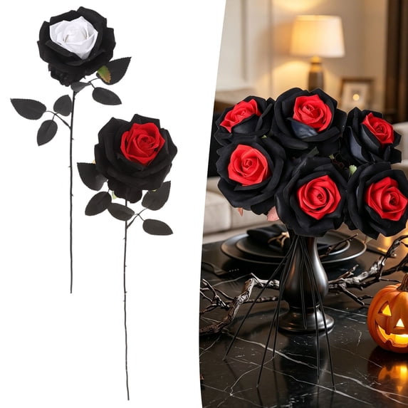 CHENjy Artificial Black White Silk Roses, Dark Halloween Gothic Faux Flowers, 1 Stem Velvet Petal Rose for Vase, Spooky Home Table Centerpiece Decor