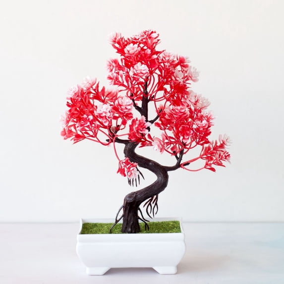 CHENjy Artificial Bonsai Tree Japanese Zen Garden Decor Simulation Plant Greenery Desktop Display for Living Room Office Red