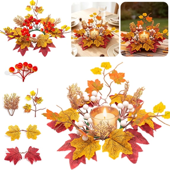 CHENjy Autumn Berry Wreath, Artificial Maple Leaf Holder with Berries for Pillar Candles, Seasonal Harvest Table Centerpiece for Dining and Mantel, 1 Pc