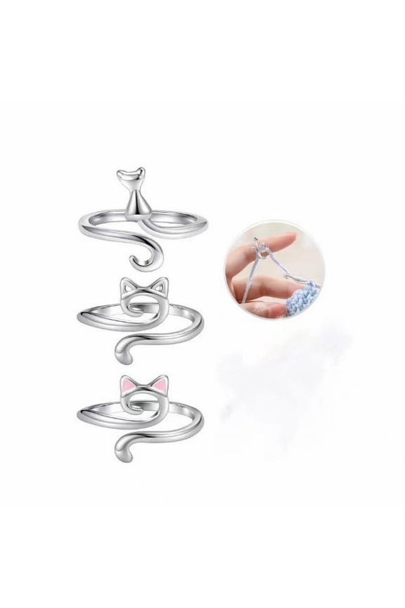 Cat Ring Set for Women 3 PCS, Adjustable Open Crochet Knitted Rings, Copper Vintage Temperament Stackable Jewelry