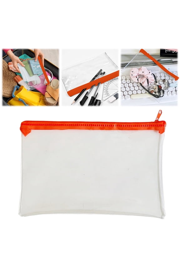 Clear Pencil Pouch for Exams Zippered Holder for Pens Pencils Makeup Brushes Transparent PVC Travel Bag Office Desk Organization Orange