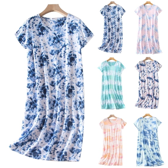 CHENjy Cotton Nightie, Size S Cute Cartoon Knitted Cotton Plus Size Nighties for Women, Short Sleeve Nightdress for Spring Summer Sleepwear Lounging,Sky Blue