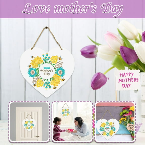CHENjy Creative Heart Shaped Happy Mothers Day Door Hanger Front Door Welcome Sign for Home Decor Mothers Day Decorations 7.67*7.08 in