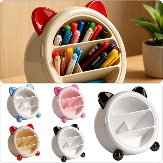 CHENjy Cute Ear Shape Pen Holder for Desk, Multi Grid Desk Organizer for Office and Home, Slanted Pencil Storage Cup, Red