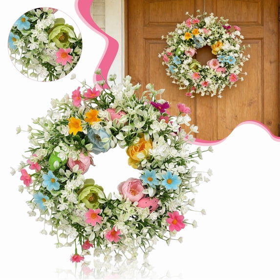 CHENjy Easter Wreath 35cm Artificial Flowers Speckled Eggs Front Door Decor Spring Ranunculus Daisies Farmhouse Wall Hanger Round Holiday Decoration Welcome Sign