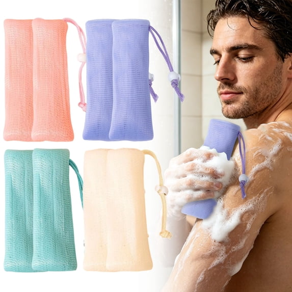 CHENjy Exfoliating Soap Mesh Bag, Hanging Soap Holder for Shower, Foaming Soap Net Sack with Lock, Quick Dry Body Scrubber, 2 Pcs Blue