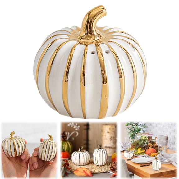 CHENjy Fall Pumpkin Shaped Salt and Pepper Shakers 3 Inch Ceramic Set White Gold Kitchen Decor Holiday Home Dining Table Decorations