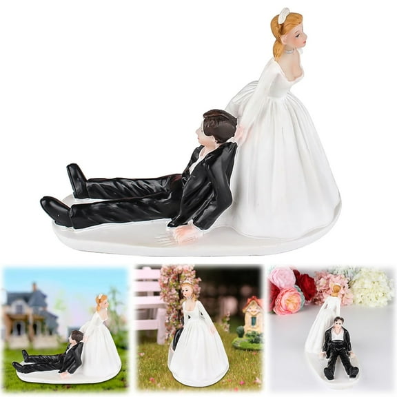 CHENjy Funny Bride Dragging Groom Cake Topper - 5 Inch Resin Wedding Cake Decoration for Engagement Parties & Anniversary Celebrations