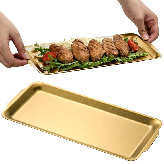 CHENjy Gold Serving Tray, Stainless Steel Platter, Rectangular BBQ Baking Pan with Rounded Edges for Dessert Party and Buffet, L