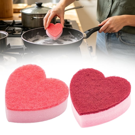 CHENjy Heart Shaped Pink Red Cleaning Supplies, Non Scratch Double Sided Cellulose Sponges for Dishwashing, Kitchen Scrubber, 2 PCS