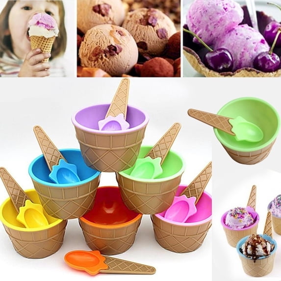 CHENjy Ice Cream Bowls and Spoons Set, Plastic Ice Cream Cups, Sundae Bowls, Reusable Hard Plastic Dessert Dishes for Home Party and Celebration, Purple