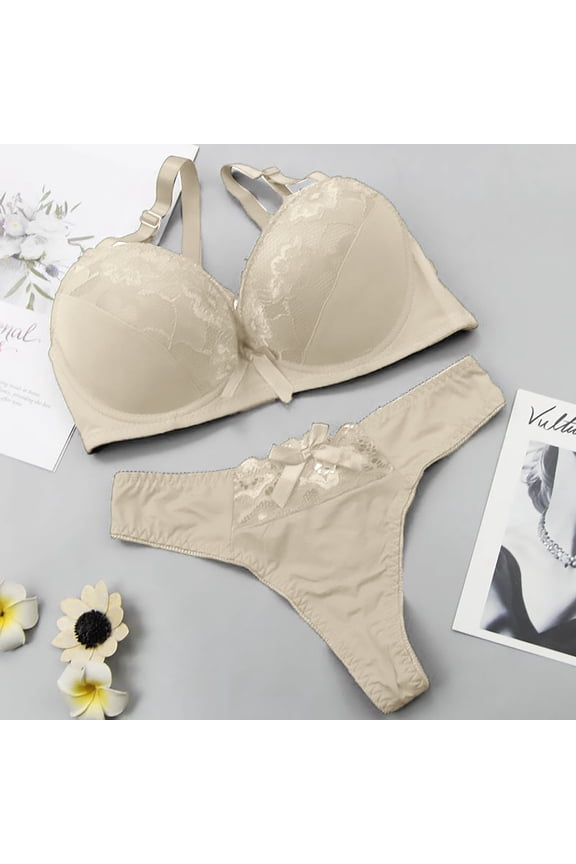 Lace Bra Brief Set, Underwire Lace Bra Plus Size, Women Push Up Panty Set Full Figure Shapewear for Daily Wear,85C ,Beige