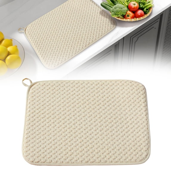 CHENjy Large Highly Absorbent Dish Drying Mat for Kitchen Counter Dish Drainer Mat with Hanging Loop Reusable Placemat Beige