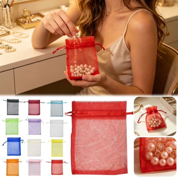 CHENjy Mesh Jewelry Packaging Bags with Drawstring, Small Cosmetic Candy Bags for Wedding Favors and Gifts, 3.9 x 5.9 Inch, 100 Pcs,Beige