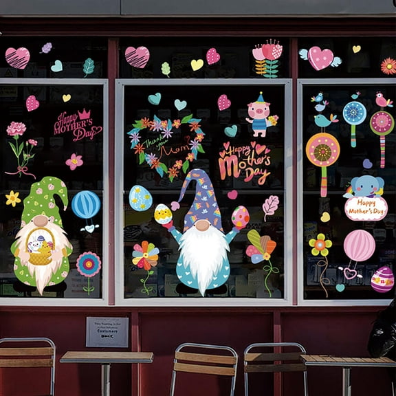 CHENjy Mother's Day Window Clings Spring Gnome Flower Heart Wall Stickers Decals I Love Mum Static Cling Decorations for Home Window Glass Door pink