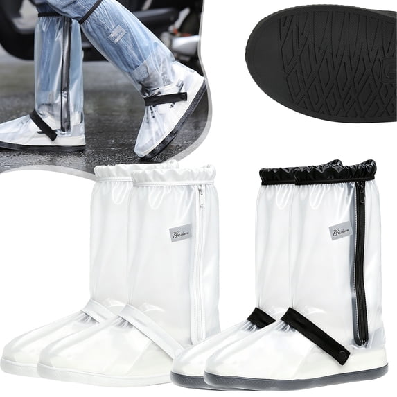 CHENjy Rain Shoe Covers with Anti-Slip Sole, Clear Waterproof High Overshoes with Adjustable Strap, Zippered Rain Protector for Commuting and Walking, M, Clear Black