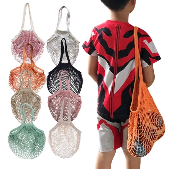 CHENjy Reusable Mesh Grocery Bag, Cotton String Produce Bag with Long Handles, Farmers Market Tote Holds 40 lbs for Vegetables and Storage, Silver