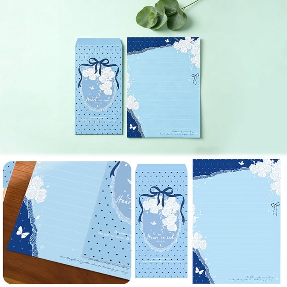 CHENjy Rose Lace Stationery Set, 4 Lined Writing Papers and 4 Envelopes, Thick Letter Paper Kit for Handwritten Letters and Invitations, Light Blue