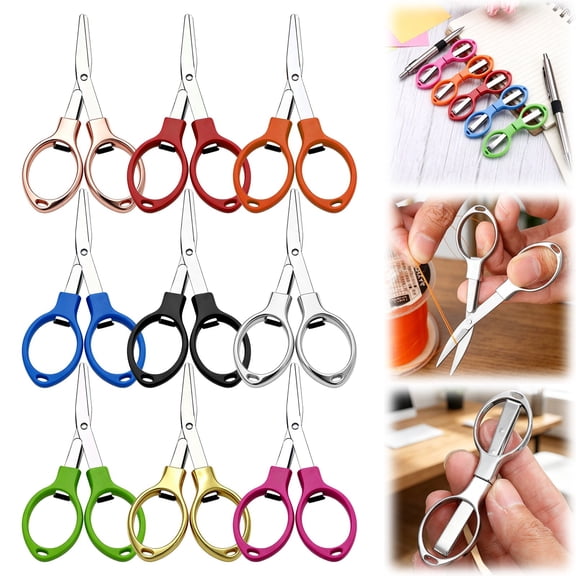 CHENjy Small Scissors Stainless Steel Foldable Compact, Mini Shears That Fold Flat for Scrapbooking and Thread, Glasses Shaped Safety Design with Circular Arc Grip, Hot Pink
