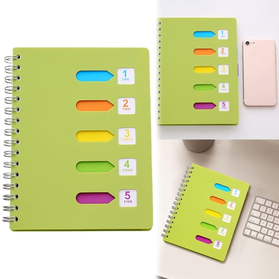 CHENjy Spiral Notebook with Colored Tabs, Plastic Hardcover Notebook for Projects, Smooth Paper Multi Subject Organizer for Work Tasks Green