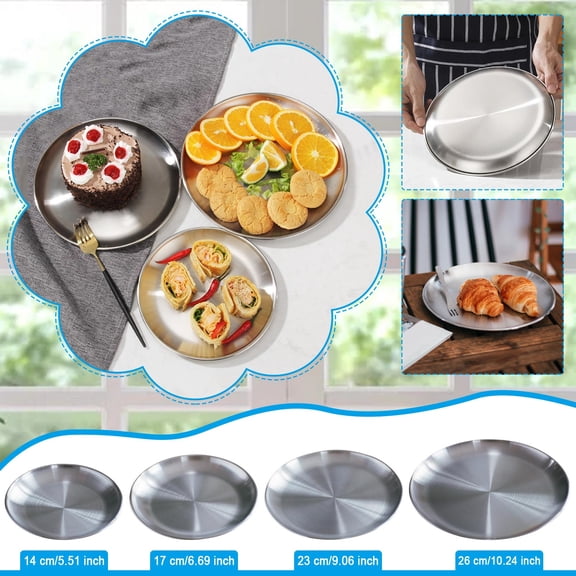 CHENjy Stainless Dinner Plate, Stackable Brushed Metal Serving Tray, Rustproof Lightweight Dishware for Camping Picnic BBQ Outdoor Use, Silver