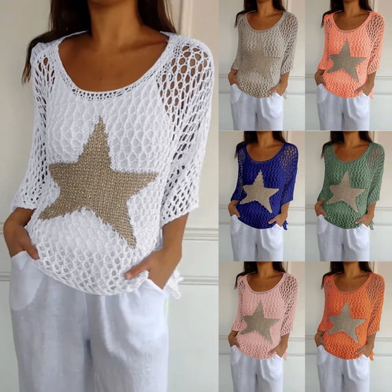 CHENjy Women's Crochet Tops for Women Summer, 3/4 Sleeve Hollow Out Pullover, Round Neck Beach Swimsuit Cover Up Loose Fit, L,Beige