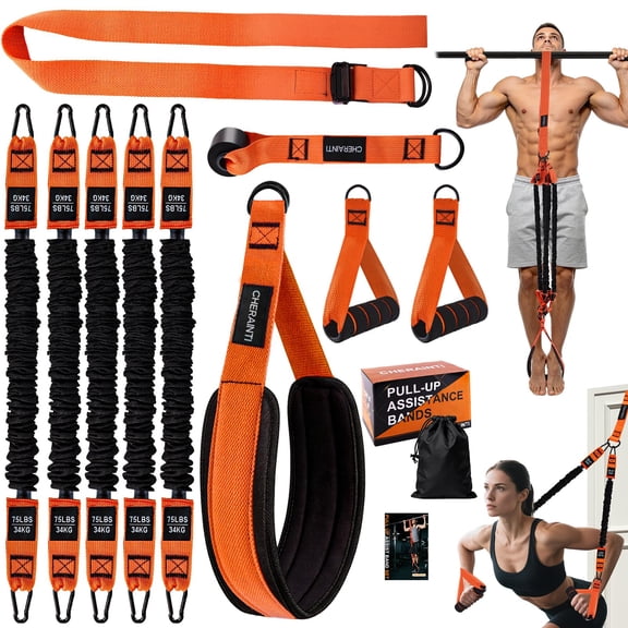 CHERAINTI Pull Up Assistance Bands, 375lbs Heavy Duty Pullup Assist Band Set with 5 Resistance Bands, Adjustable Strap, Comfortable Foot/Knee Rest, Handles & Door Anchor for Home Gym Strength Trainin