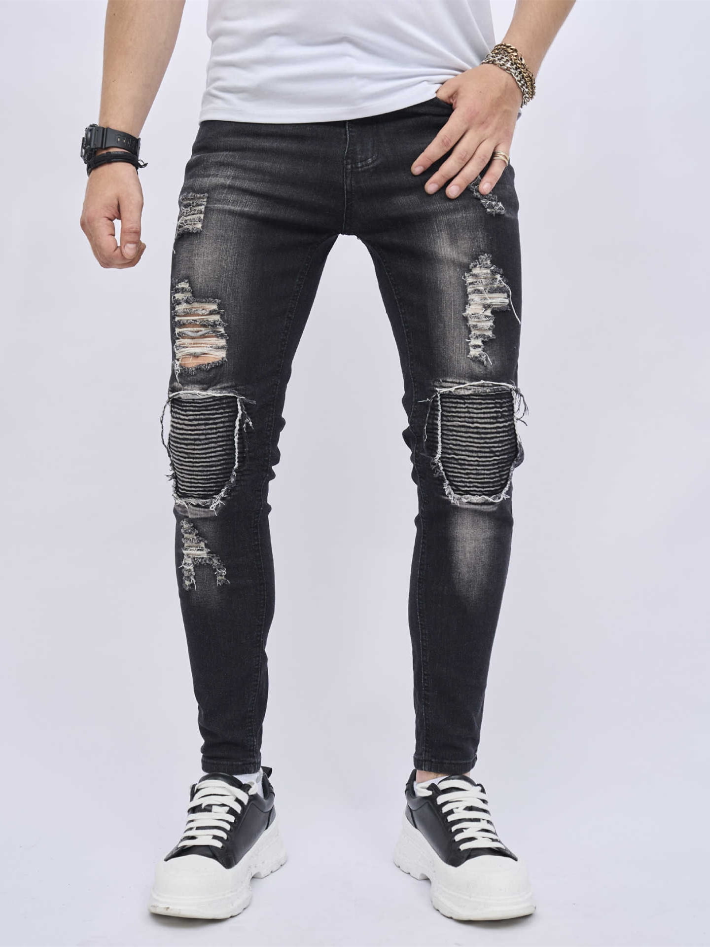 CHERALKEST Men's Black Ripped Jeans Slim Fit Skinny Stretch Jeans Pants
